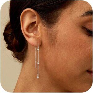 Silver Plated Trendy Hoop Huggie Dainty Drop Dangle-E838 Earrings for Women
